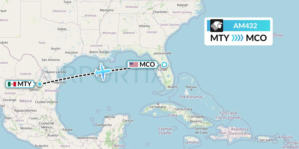 AM432 Aeromexico Flight Map: Monterrey to Orlando