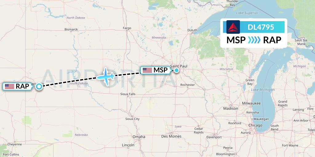 DL4795 Delta Air Lines Flight Map: Minneapolis to Rapid City