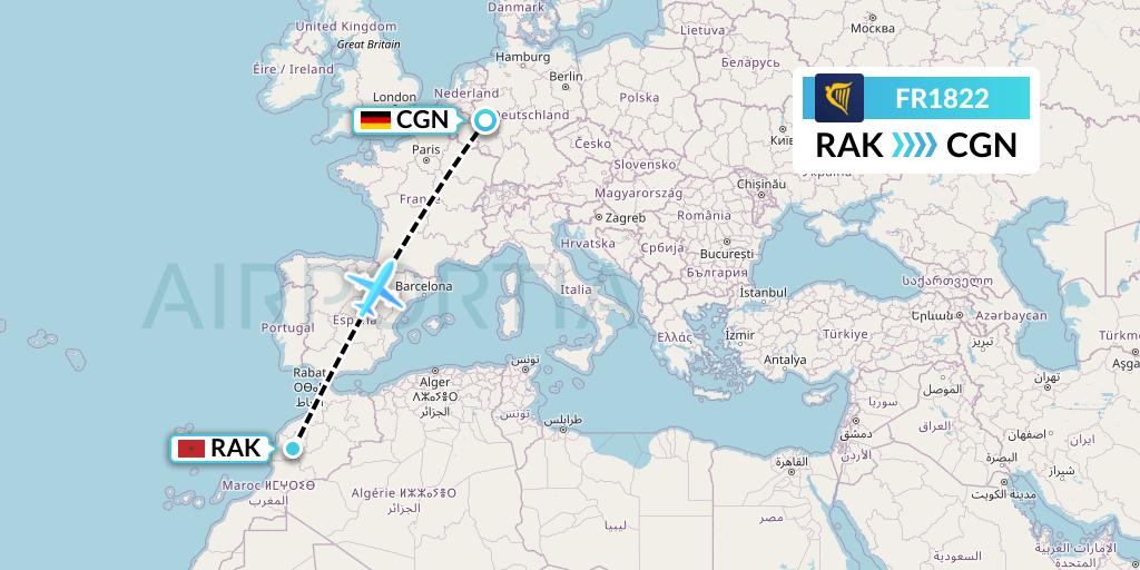 FR1822 Ryanair Flight Map: Marrakesh to Cologne