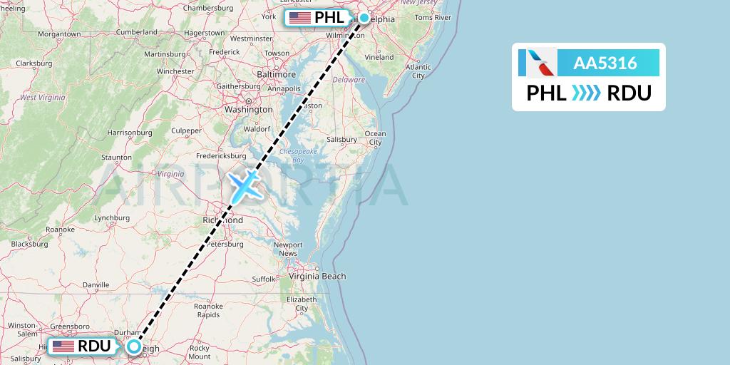 AA5316 American Airlines Flight Map: Philadelphia to Raleigh-Durham