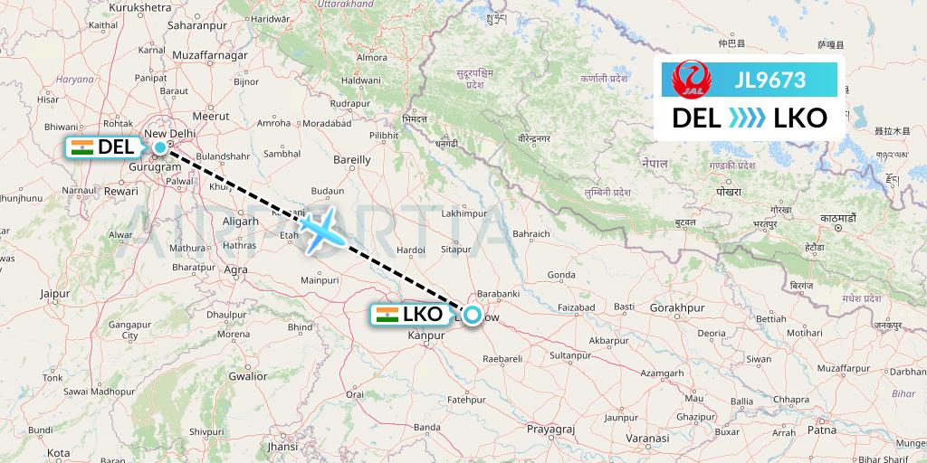 JL9673 Japan Airlines Flight Map: Delhi to Lucknow