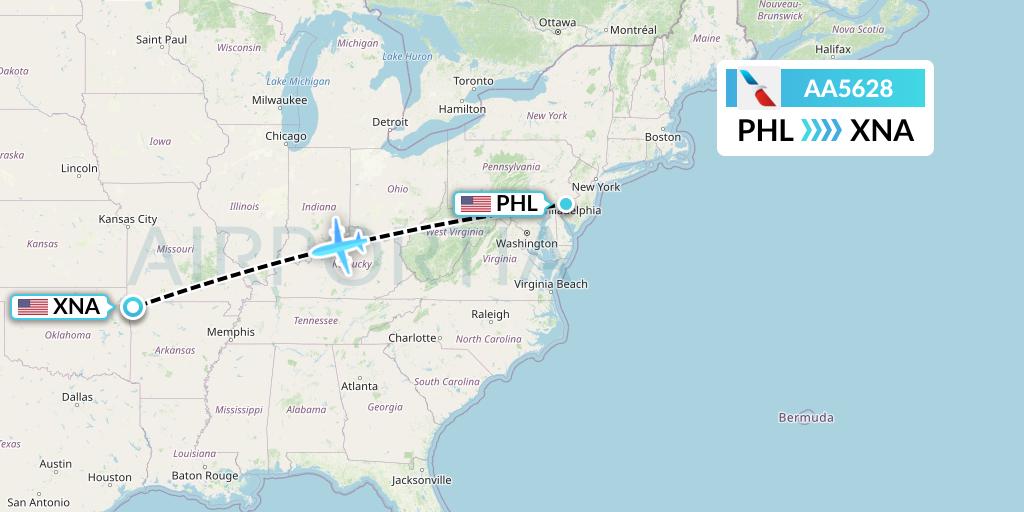 AA5628 American Airlines Flight Map: Philadelphia to Bentonville