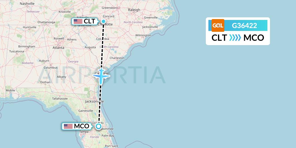 G36422 GOL Transportes Aeros Flight Map: Charlotte to Orlando