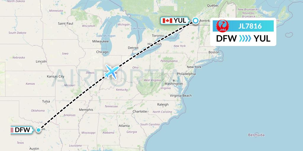 JL7816 Japan Airlines Flight Map: Dallas to Montreal
