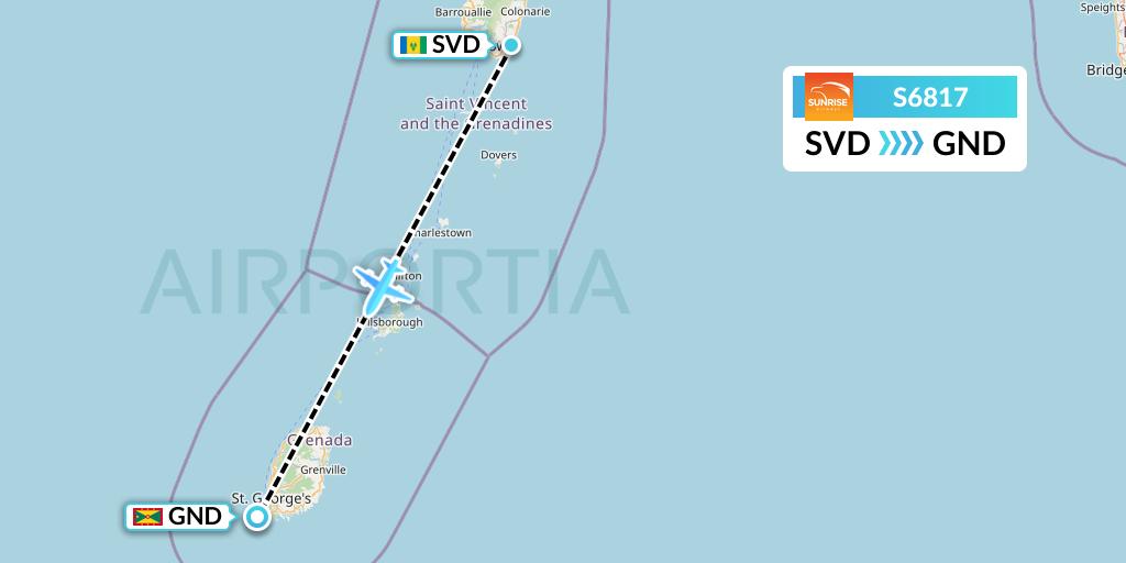 S6817 Sunrise Airways Flight Map: Kingstown to Point Salines