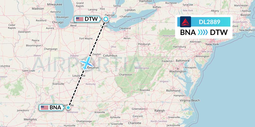DL2889 Delta Air Lines Flight Map: Nashville to Detroit