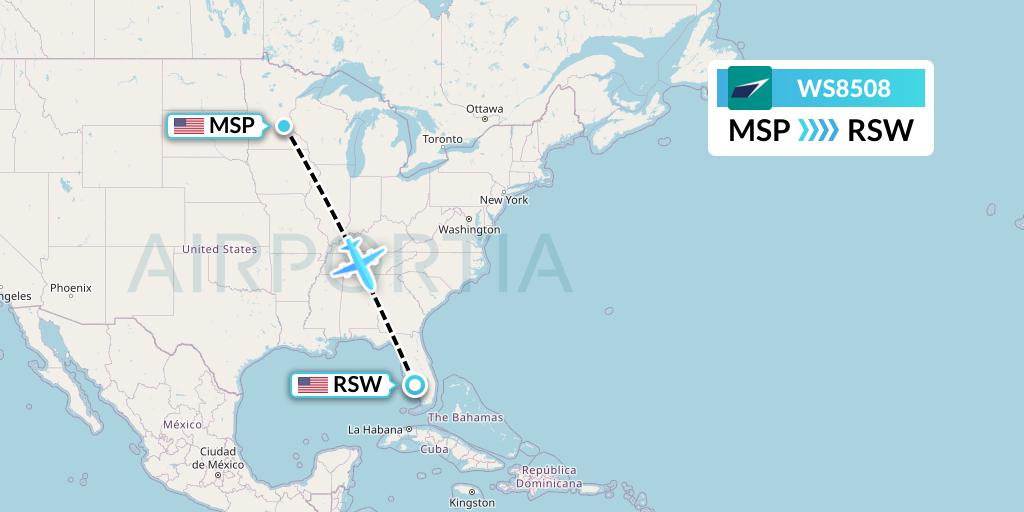 WS8508 WestJet Flight Map: Minneapolis to Fort Myers