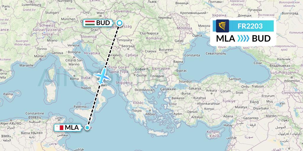 FR2203 Ryanair Flight Map: Malta to Budapest
