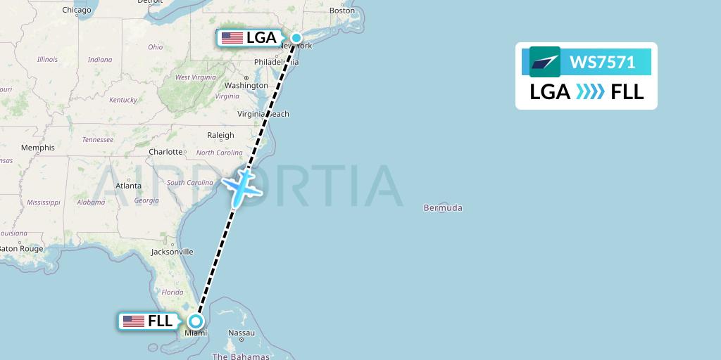 WS7571 WestJet Flight Map: New York to Fort Lauderdale