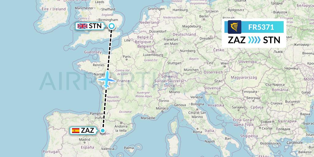 FR5371 Ryanair Flight Map: Zaragoza to London