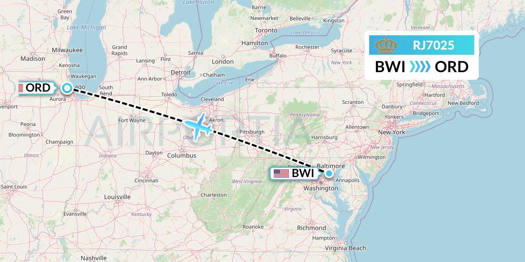 RJ7025 Royal Jordanian Flight Map: Baltimore to Chicago
