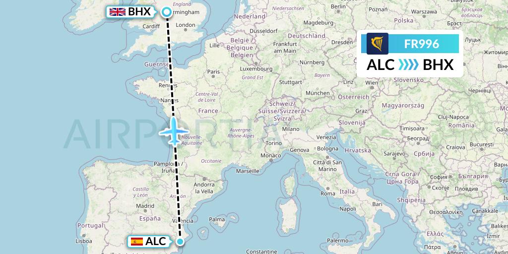 FR996 Ryanair Flight Map: Alicante to Birmingham