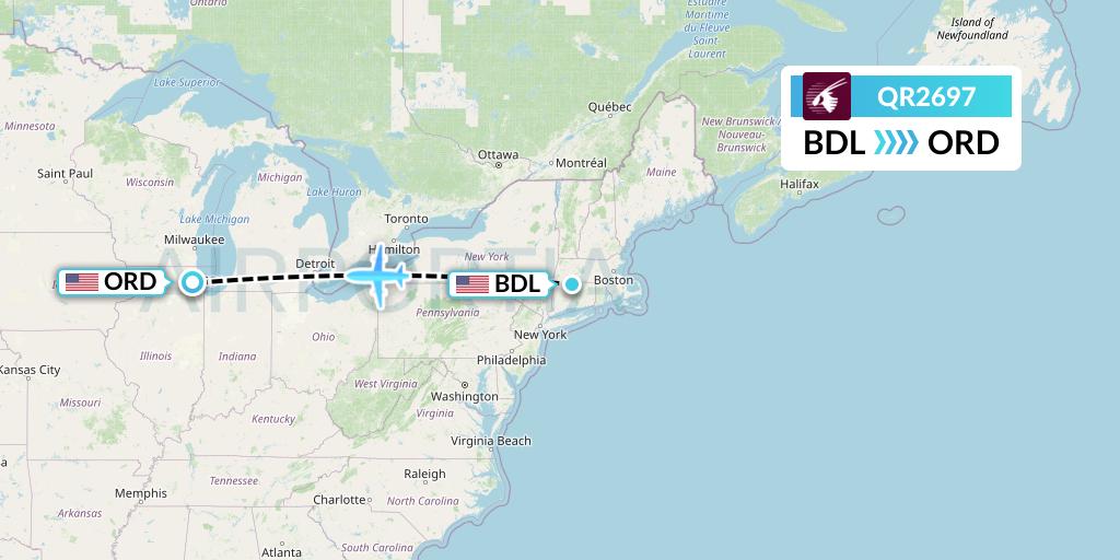 QR2697 Qatar Airways Flight Map: Windsor Locks to Chicago