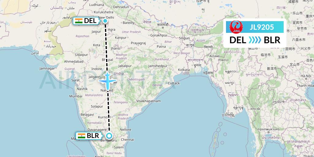 JL9205 Japan Airlines Flight Map: Delhi to Bangalore