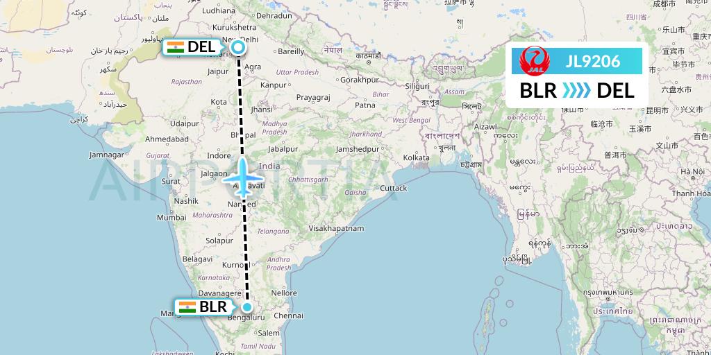 JL9206 Japan Airlines Flight Map: Bangalore to Delhi