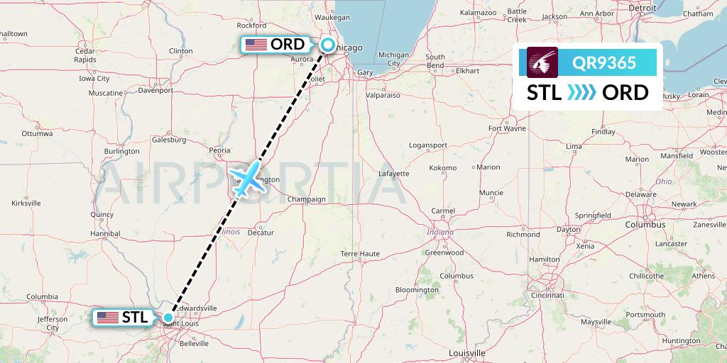 QR9365 Qatar Airways Flight Map: St. Louis to Chicago