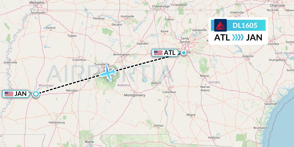 DL1605 Delta Air Lines Flight Map: Atlanta to Jackson