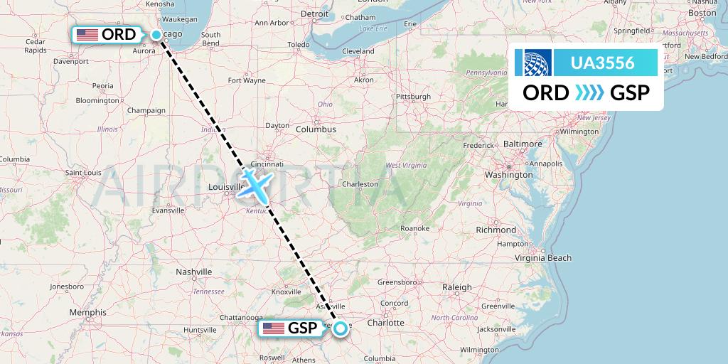 UA3556 United Airlines Flight Map: Chicago to Greenville-Spartanburg