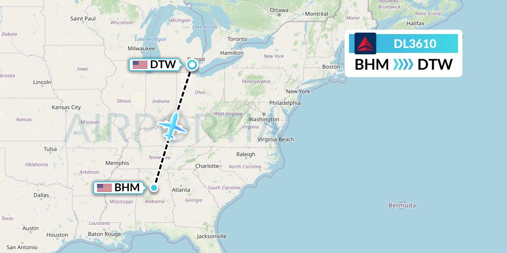 DL3610 Delta Air Lines Flight Map: Birmingham to Detroit