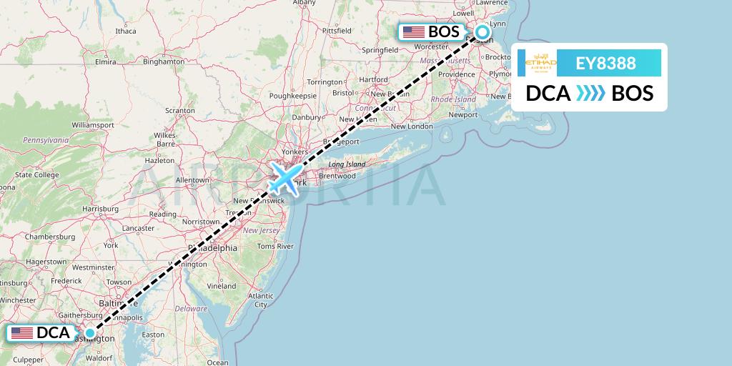 EY8388 Etihad Airways Flight Map: Washington to Boston
