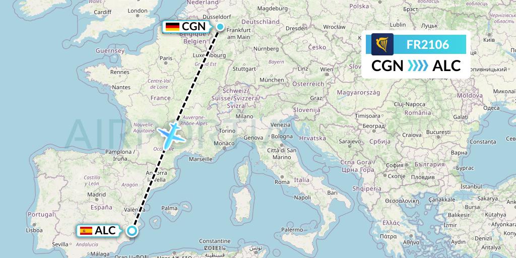 FR2106 Ryanair Flight Map: Cologne to Alicante