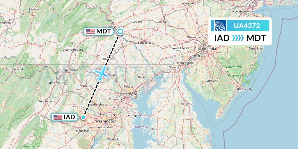 UA4372 United Airlines Flight Map: Washington to Harrisburg