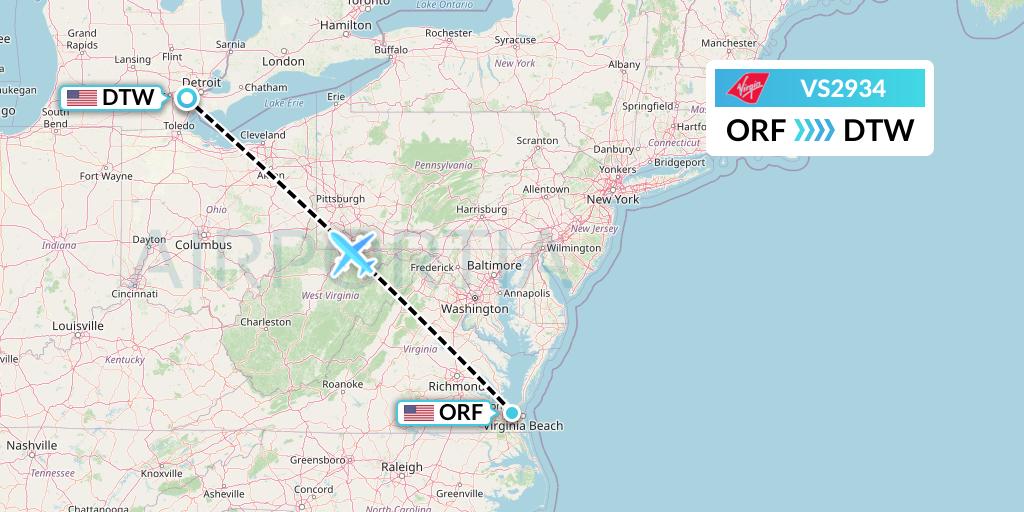 VS2934 Virgin Atlantic Airways Flight Map: Norfolk to Detroit