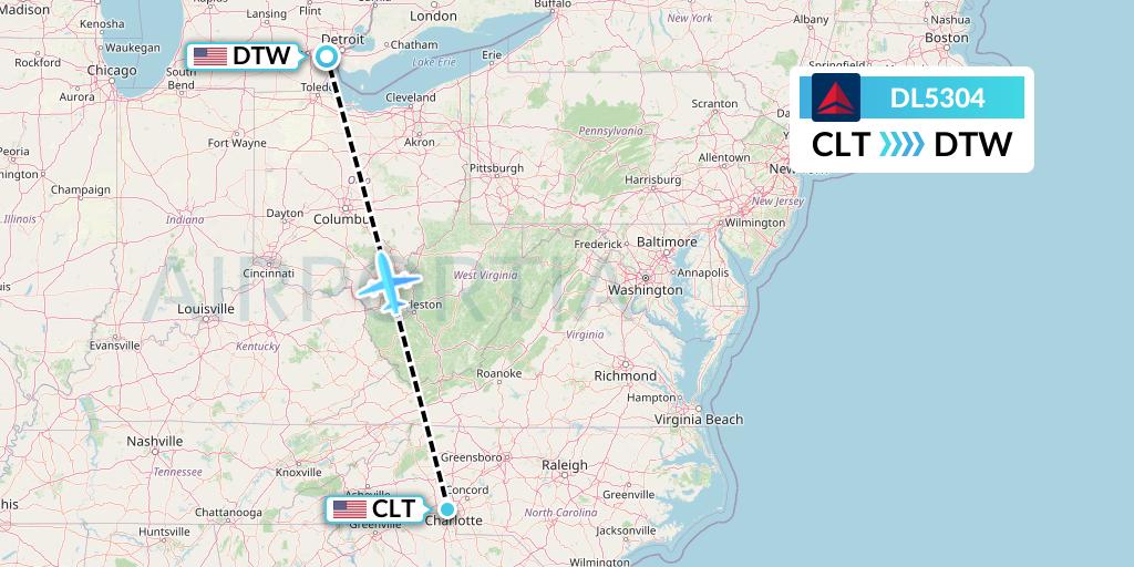 DL5304 Delta Air Lines Flight Map: Charlotte to Detroit