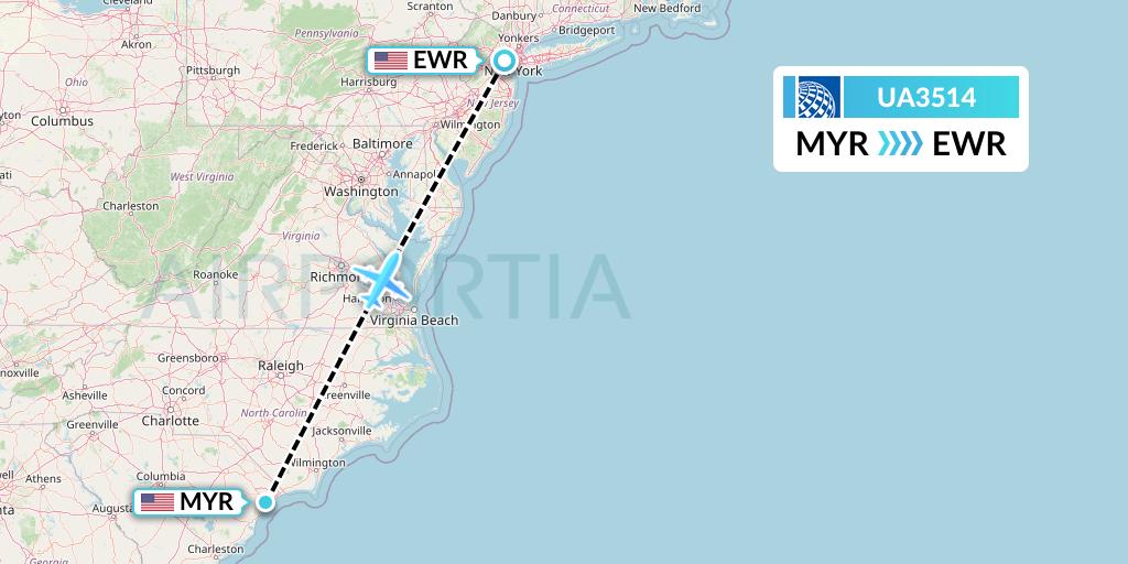 UA3514 United Airlines Flight Map: Myrtle Beach to New York