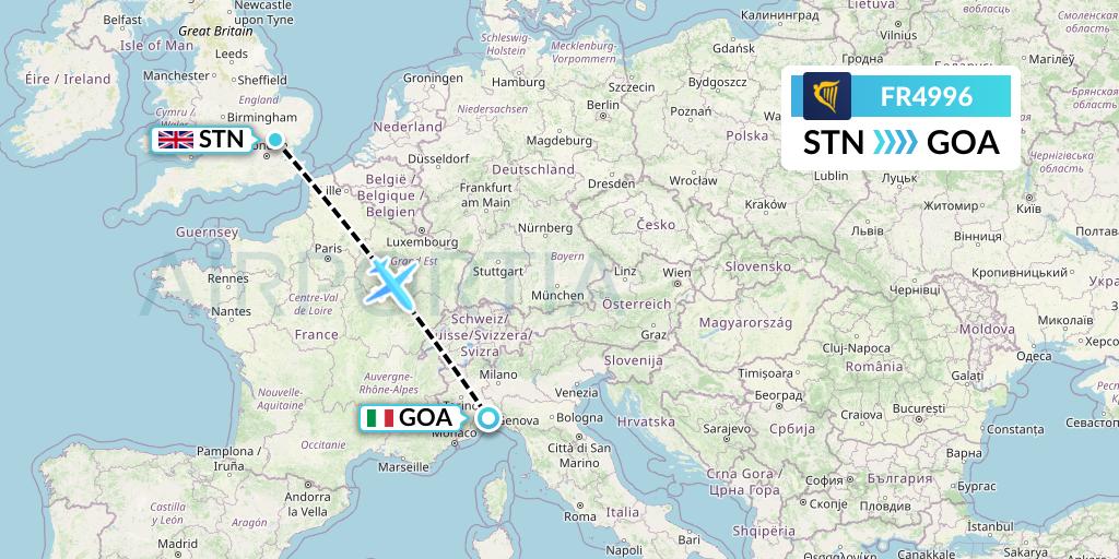 FR4996 Ryanair Flight Map: London to Genoa