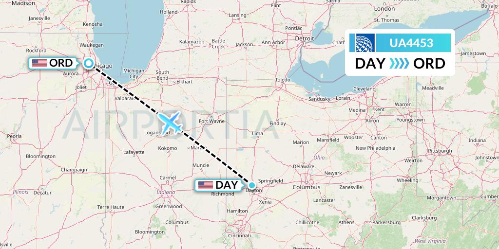 UA4453 United Airlines Flight Map: Dayton to Chicago