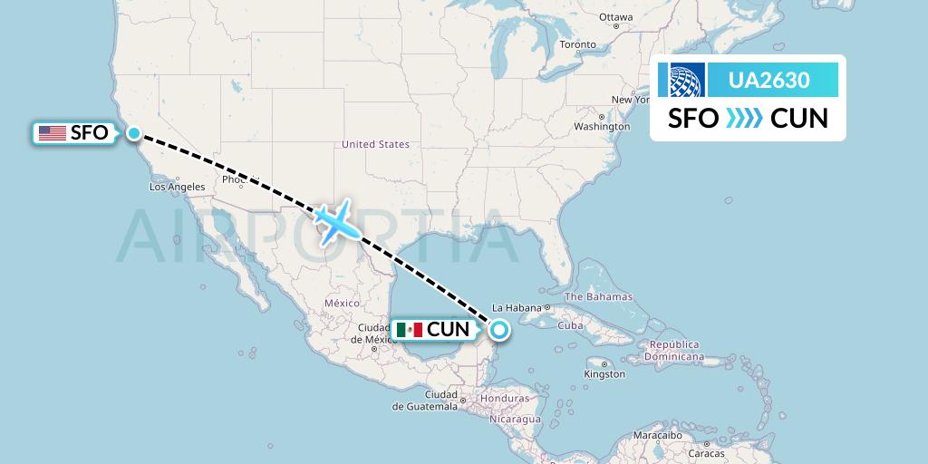 UA2630 United Airlines Flight Map: San Francisco to Cancun