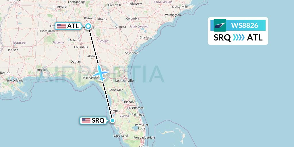 WS8826 WestJet Flight Map: Sarasota to Atlanta
