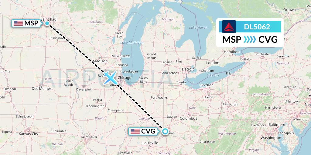 DL5062 Delta Air Lines Flight Map: Minneapolis to Cincinnati