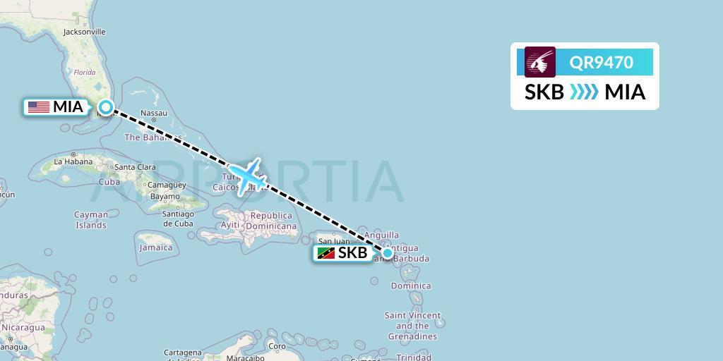 QR9470 Qatar Airways Flight Map: Basseterre to Miami