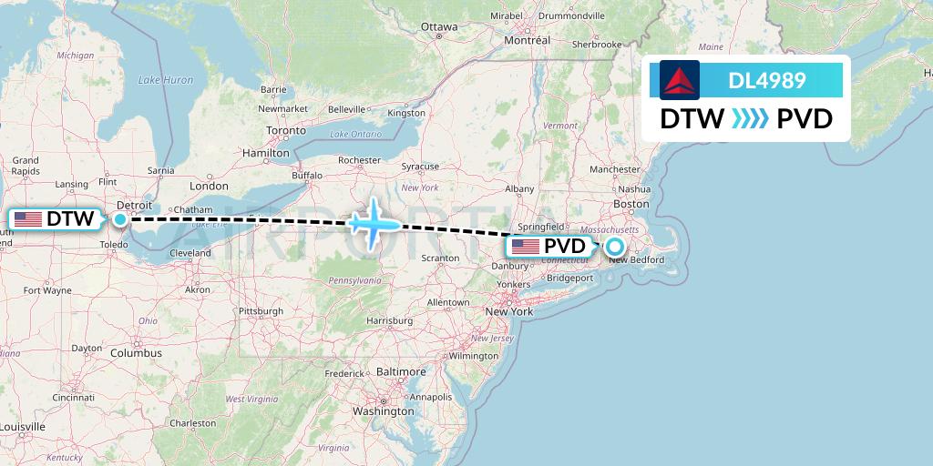 DL4989 Delta Air Lines Flight Map: Detroit to Providence