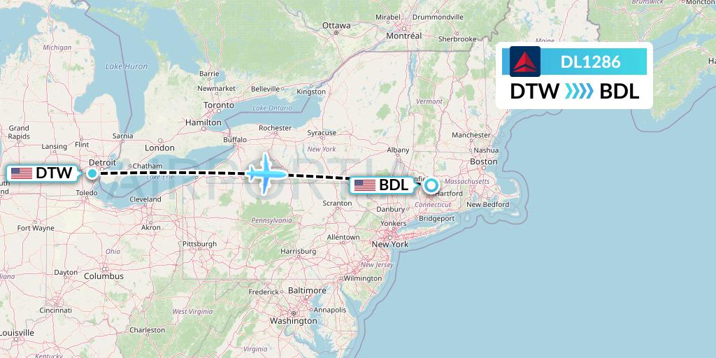 DL1286 Delta Air Lines Flight Map: Detroit to Windsor Locks