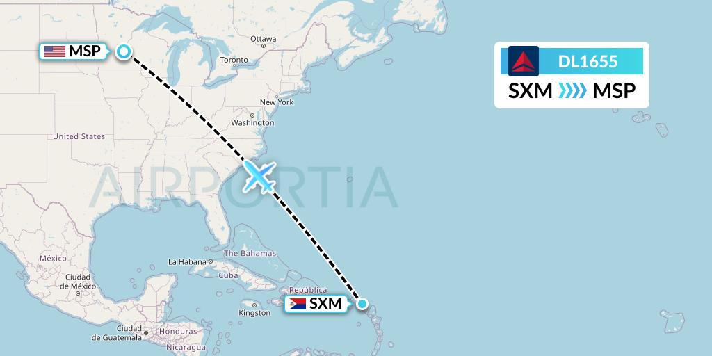 DL1655 Delta Air Lines Flight Map: Sint Maarten to Minneapolis