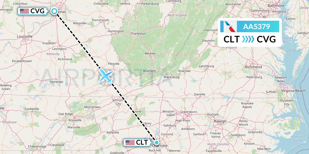 AA5379 American Airlines Flight Map: Charlotte to Cincinnati