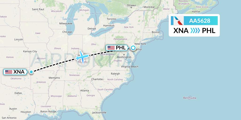 AA5628 American Airlines Flight Map: Bentonville to Philadelphia