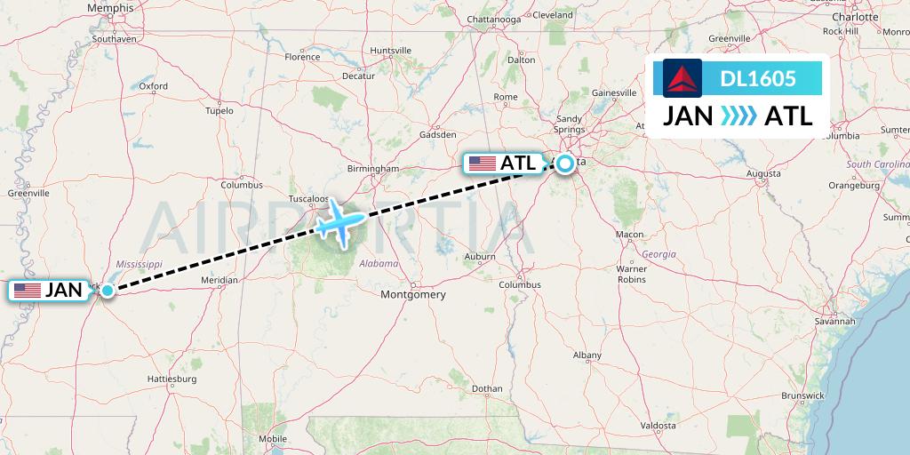 DL1605 Delta Air Lines Flight Map: Jackson to Atlanta