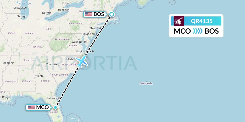 QR4135 Qatar Airways Flight Map: Orlando to Boston