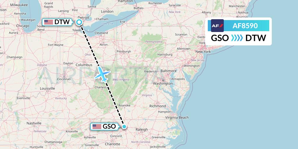 AF8590 Air France Flight Map: Greensboro to Detroit