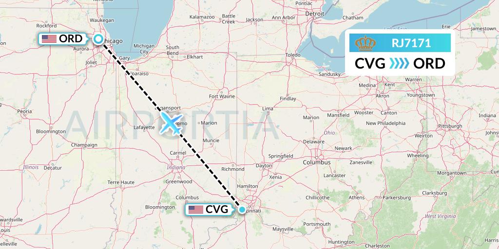 RJ7171 Royal Jordanian Flight Map: Cincinnati to Chicago