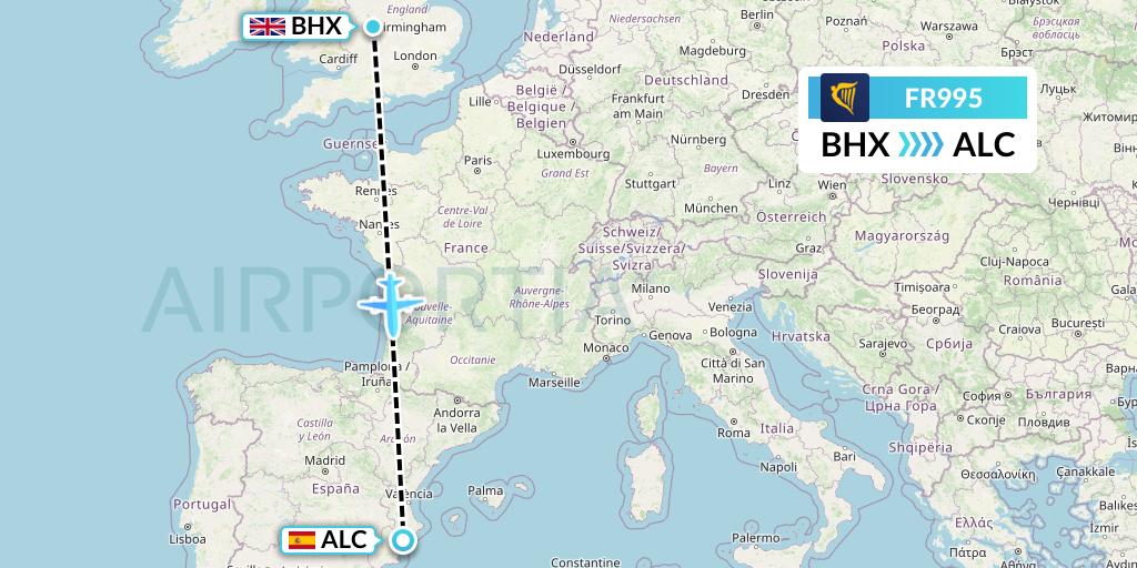 FR995 Ryanair Flight Map: Birmingham to Alicante