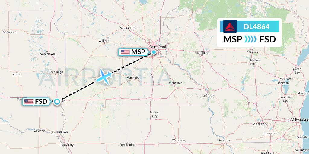 DL4864 Delta Air Lines Flight Map: Minneapolis to Sioux Falls