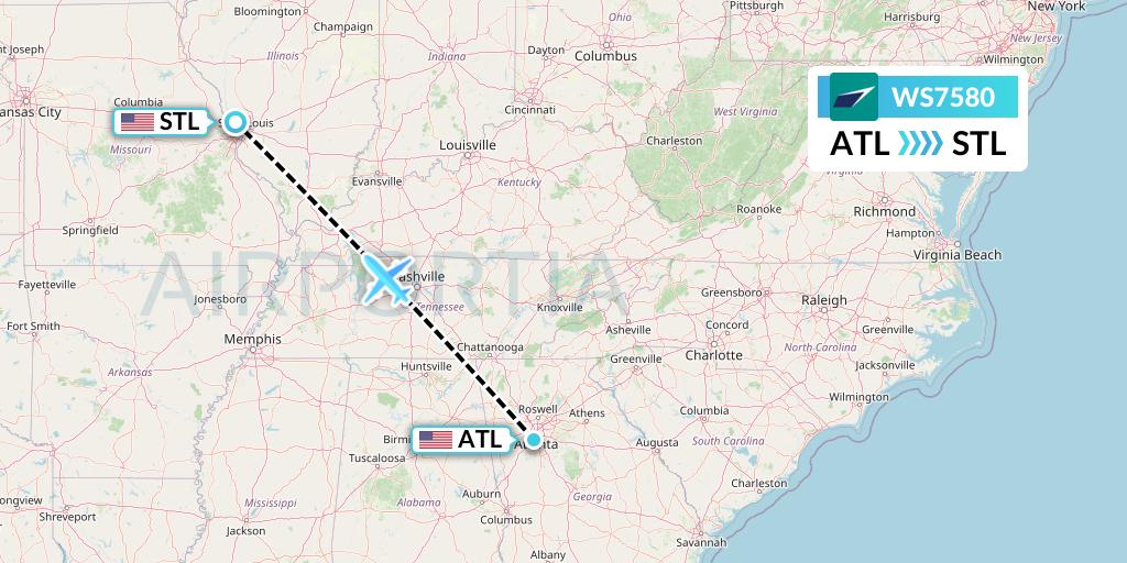 WS7580 WestJet Flight Map: Atlanta to St. Louis