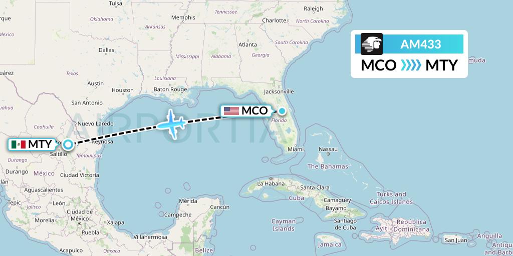AM433 Aeromexico Flight Map: Orlando to Monterrey