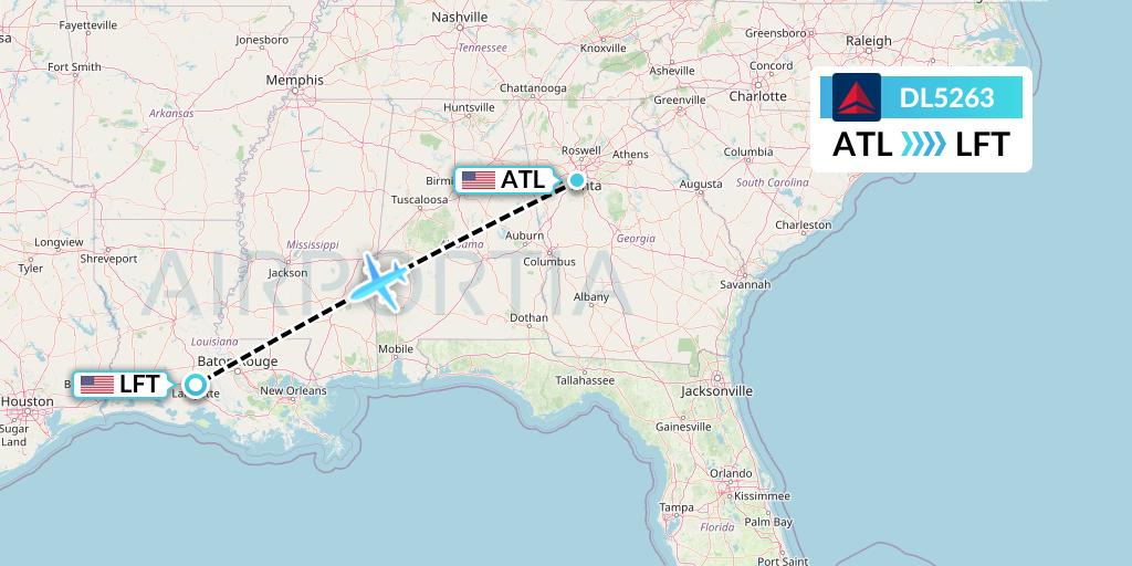 DL5263 Delta Air Lines Flight Map: Atlanta to Lafayette