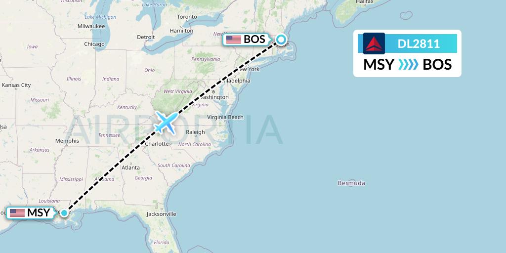 DL2811 Delta Air Lines Flight Map: New Orleans to Boston